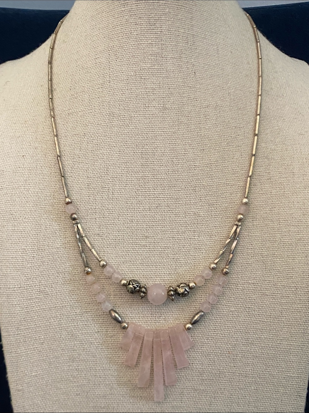 Rose Quartz & Silver Tone Double Strand Southwestern Necklace 18”